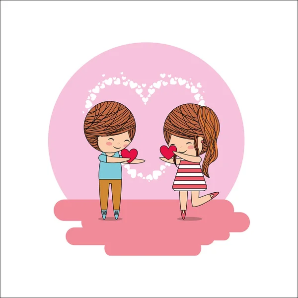 Cute little happy couple with hearts in hands — Stock Vector