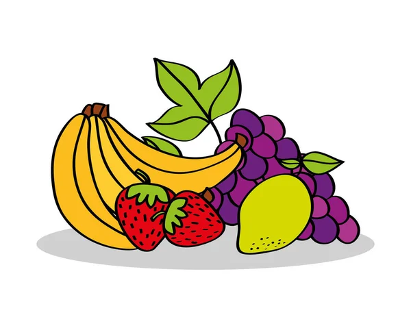 Plátano fresa limón uvas frutas alimentos — Vector de stock
