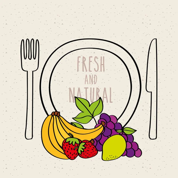 Tavla gaffel och kniv banan jordgubb druva citron fräsch och naturlig frukt — Stock vektor