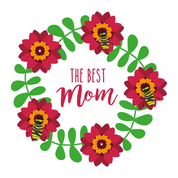 Corona di api floreali foglie decorazione la migliore mamma — Vettoriale Stock