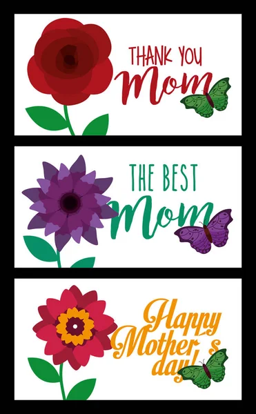 Feliz día de las madres banderas decoración flores y mariposas — Vector de stock