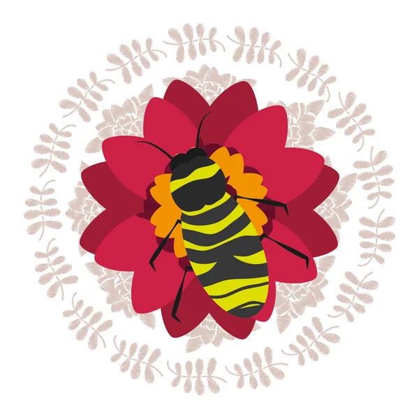 Rote Blume mit Biene natürliche Dekoration runde Rahmen Blätter — Stockvektor