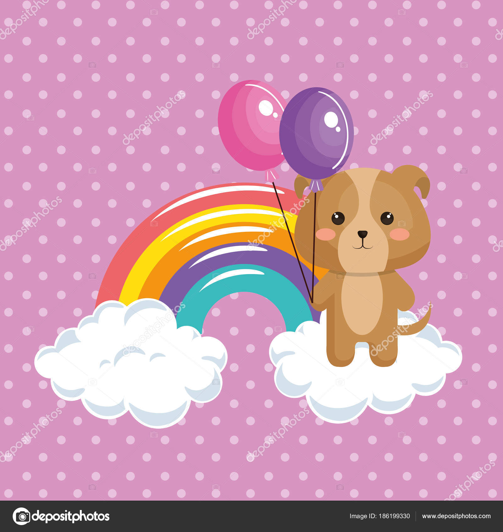 Mignon Chien Avec Carte D Anniversaire Arc En Ciel Kawaii Image Vectorielle Yupiramos C