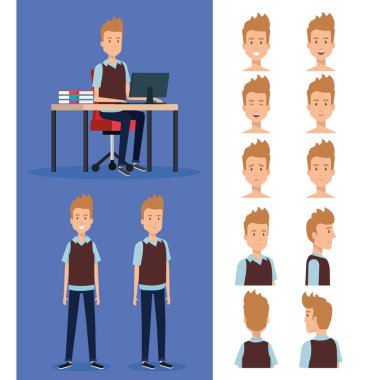 karakter kümesi ile ofiste çalışan işadamı pozlar