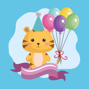 Balonlar ile sevimli kaplan kawaii doğum günü kartı hava
