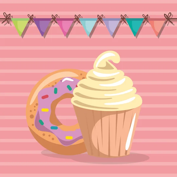 Dulce y delicioso cupcake con tarjeta de cumpleaños de donut — Archivo Imágenes Vectoriales