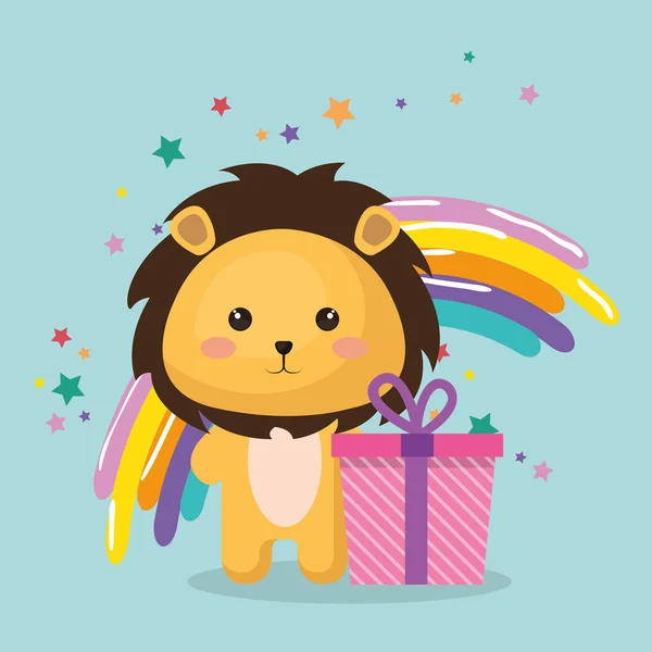 Carino leone con regalo kawaii biglietto di compleanno — Vettoriale Stock