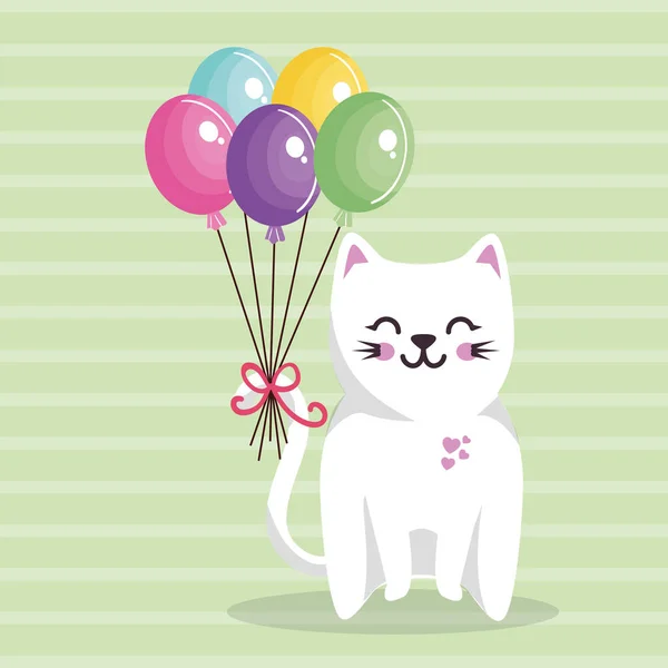 Lindo gato dulce kawaii con globos aire tarjeta de cumpleaños — Archivo Imágenes Vectoriales