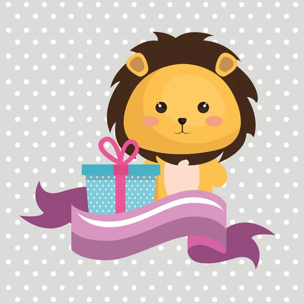 Schattig leon met gave kawaii verjaardagskaart — Stockvector