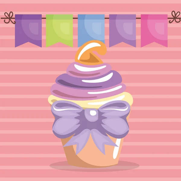 Zoete en heerlijke cupcake met bowtie verjaardagskaart — Stockvector