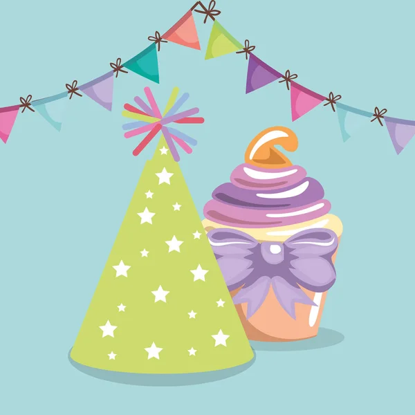 Dulce y delicioso cupcake con tarjeta de cumpleaños sombrero de fiesta — Vector de stock