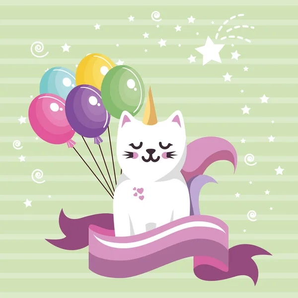 Niedliche Katze süße kawaii mit Luftballons Luft Geburtstagskarte — Stockvektor