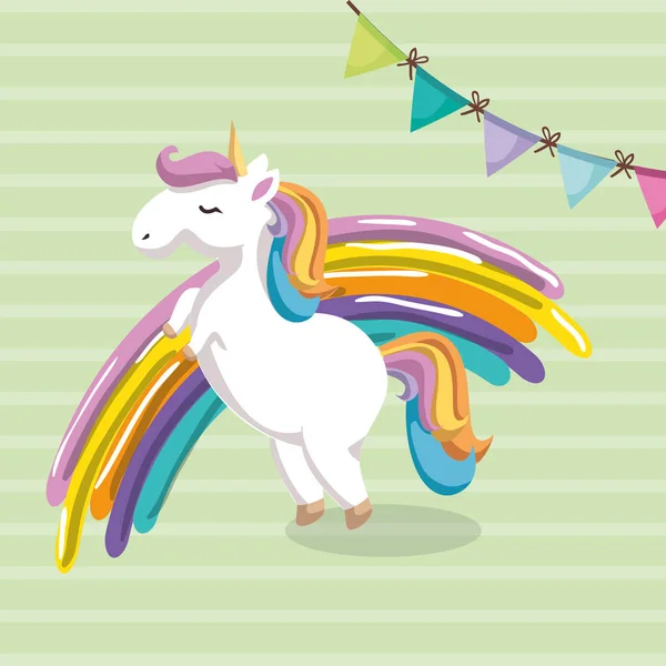 Söt enhörning med rainbow kawaii karaktär födelsedagskort — Stock vektor