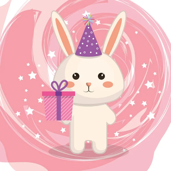 Hediye kawaii doğum günü kartı ile sevimli tavşan — Stok Vektör