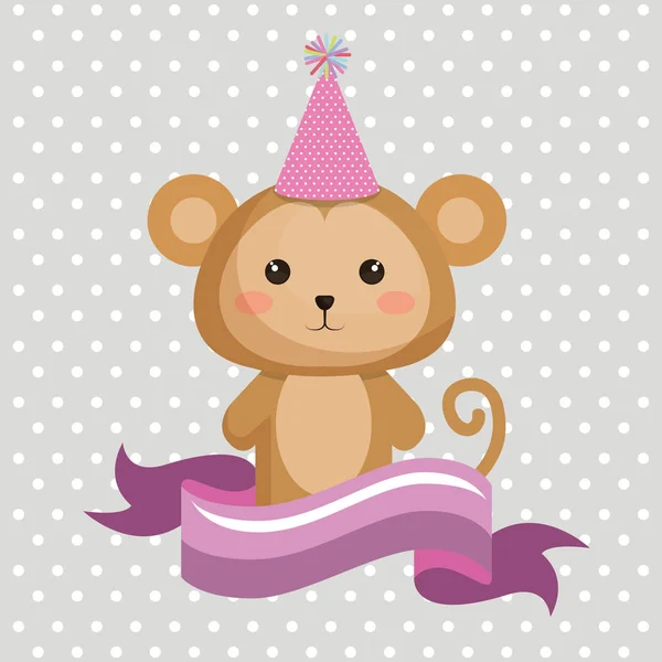 Cute monkey with party hat kawaii birthday card — Stock Vector
