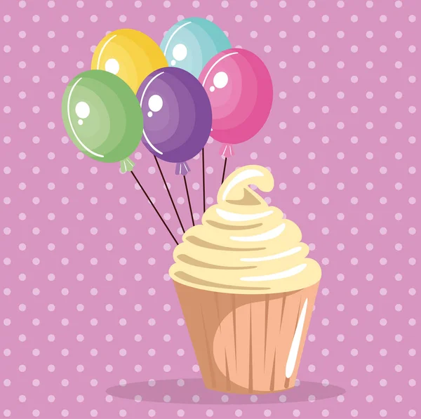 Dulce y delicioso cupcake con globos tarjeta de cumpleaños de aire — Vector de stock