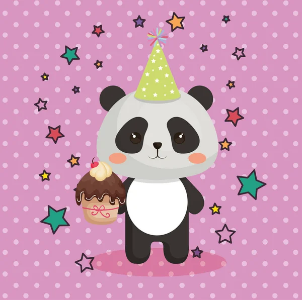 Słodki Miś panda z cupcake kawaii kartka urodzinowa — Wektor stockowy