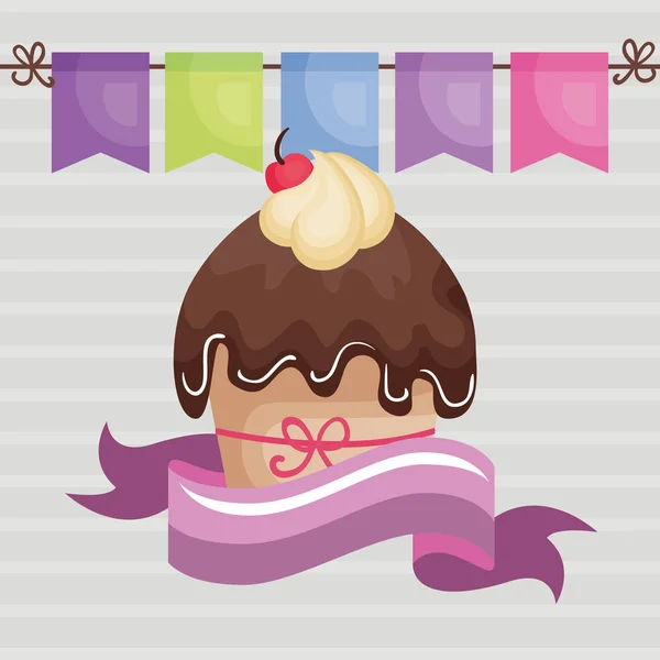 Süße und leckere Cupcake mit Band Geburtstagskarte — Stockvektor