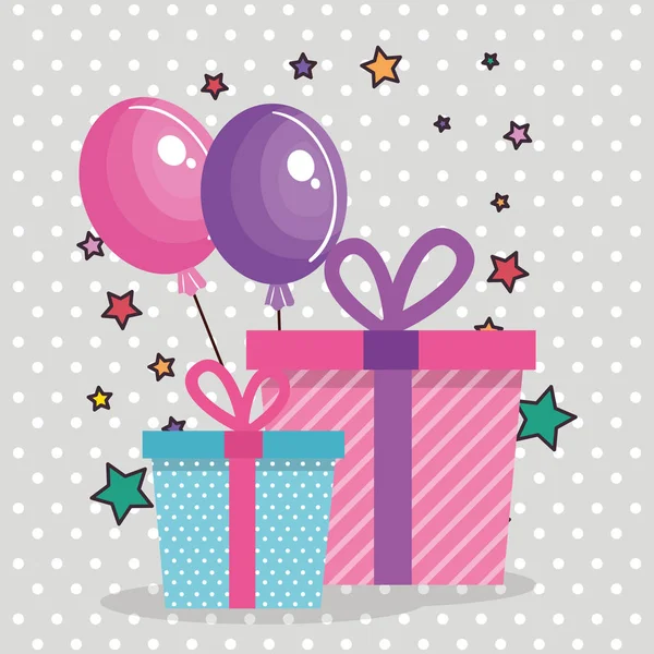 Caixa de presente bonito com balões de ar festa cartão de aniversário — Vetor de Stock