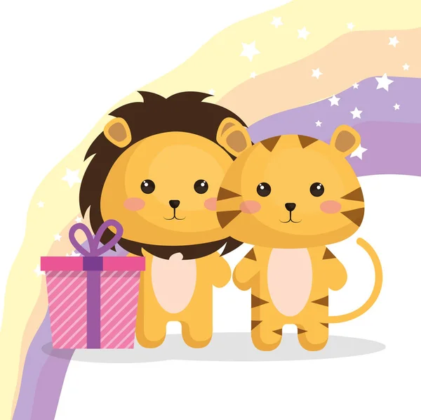 Roztomilý lvi pár kawaii přání k narozeninám — Stockový vektor