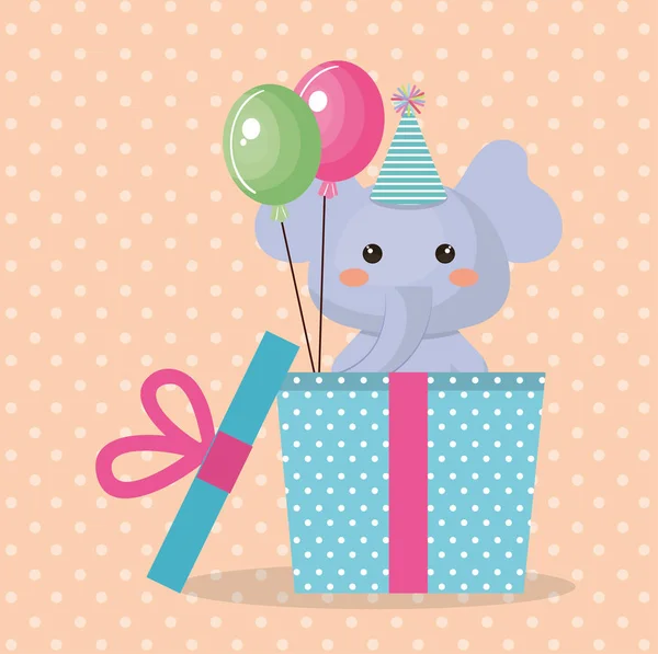 Elefante lindo con globos aire partido dulce kawaii tarjeta de cumpleaños — Vector de stock