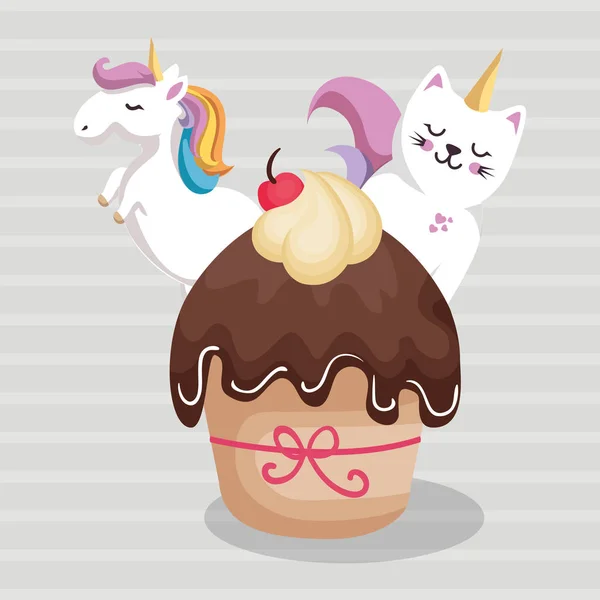 Cupcake doce e delicioso com unicórnio e gato —  Vetores de Stock