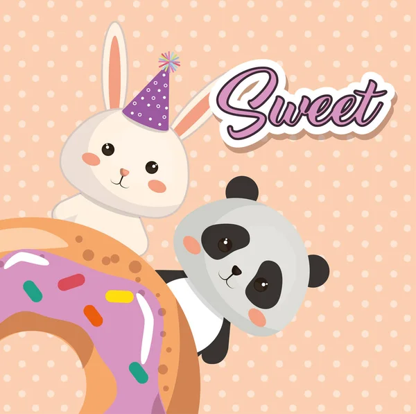 Bonito urso panda e coelho kawaii cartão de aniversário — Vetor de Stock