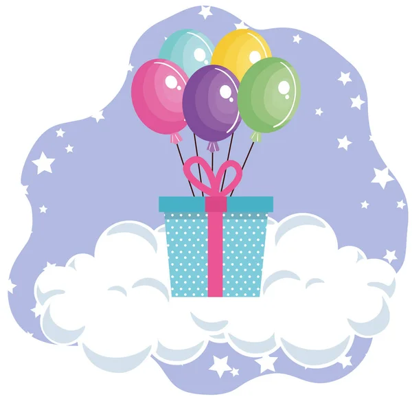 Caixa de presente bonito com balões de ar festa cartão de aniversário — Vetor de Stock