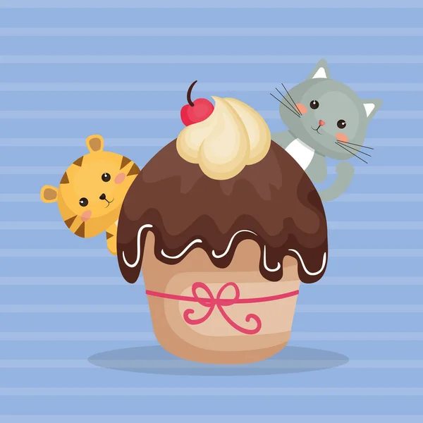 Zoete en heerlijke cupcake met katten tekens — Stockvector