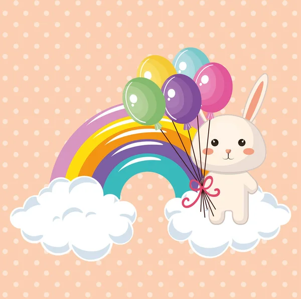 Cute rabbit with rainbow kawaii birthday card — Stock Vector