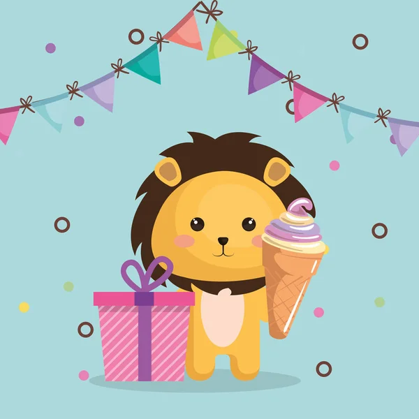 可爱的狮子与礼物和冰淇淋可爱生日贺卡 — 图库矢量图片
