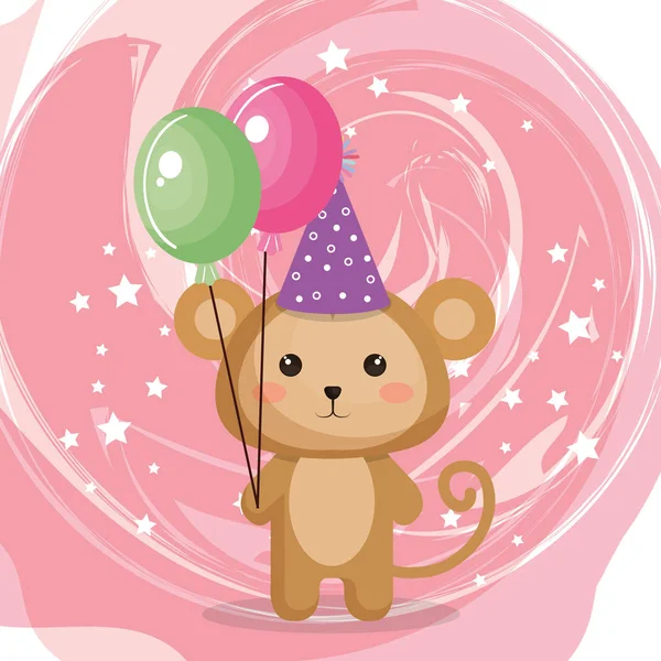 Niedlicher Affe mit Luftballons Party kawaii — Stockvektor