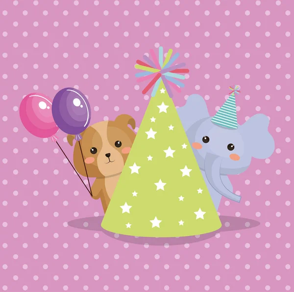 Elefante lindo y perrito dulce kawaii tarjeta de cumpleaños — Archivo Imágenes Vectoriales