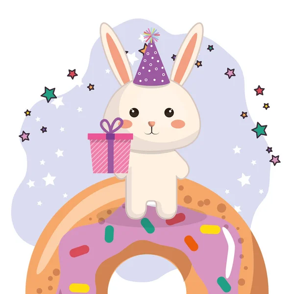 선물 및 도넛 귀여운 생일 카드와 함께 귀여운 토끼 — 스톡 벡터