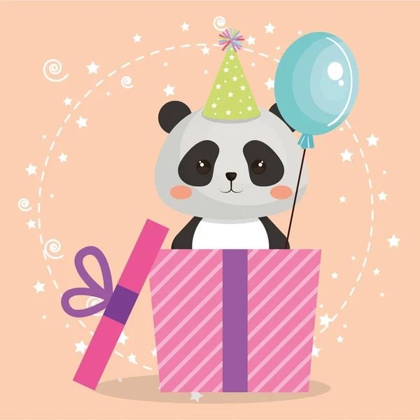 Lindo oso panda con regalo kawaii tarjeta de cumpleaños — Vector de stock