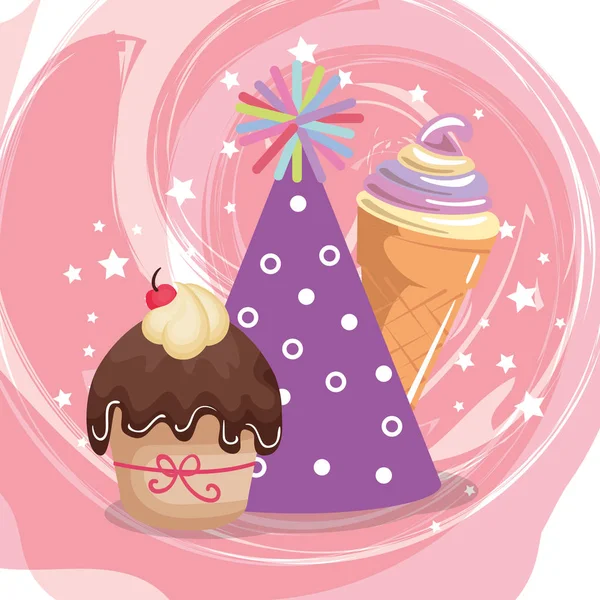 Dolce e delizioso cupcake con cappello da festa e gelato — Vettoriale Stock