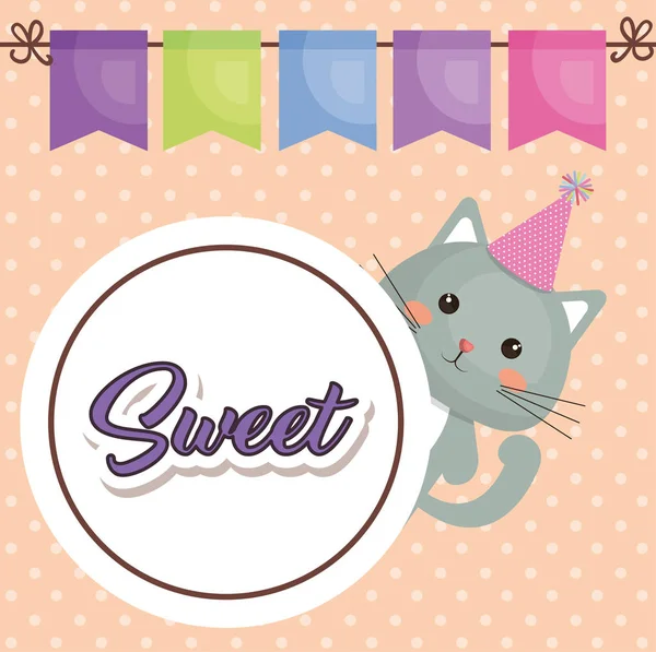 Carino gatto dolce kawaii personaggio biglietto di compleanno — Vettoriale Stock