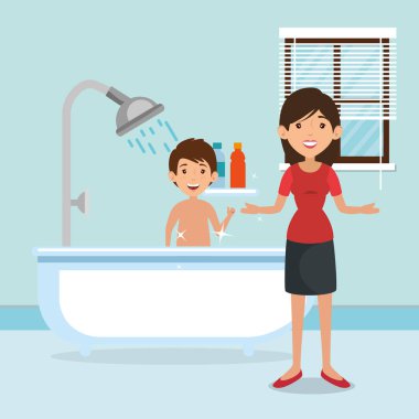 aile anne Banyoda küvet sahne ile