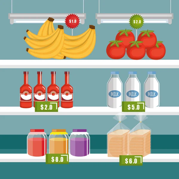 Supermarket groceries in shelving — Stock Vector