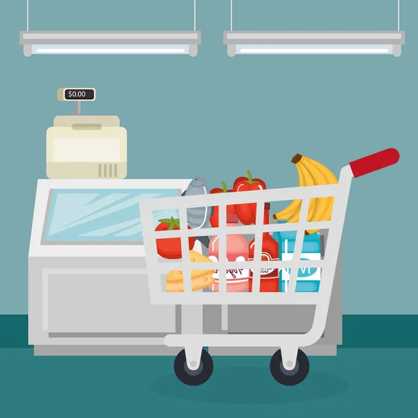 Supermercato alimentari nel carrello della spesa — Vettoriale Stock
