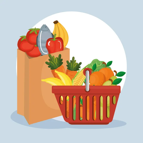 Supermercado de comestibles en la cesta de compras — Archivo Imágenes Vectoriales