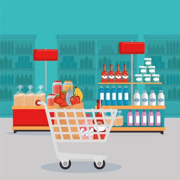 Supermarkt boodschappen in het winkelwagentje — Stockvector