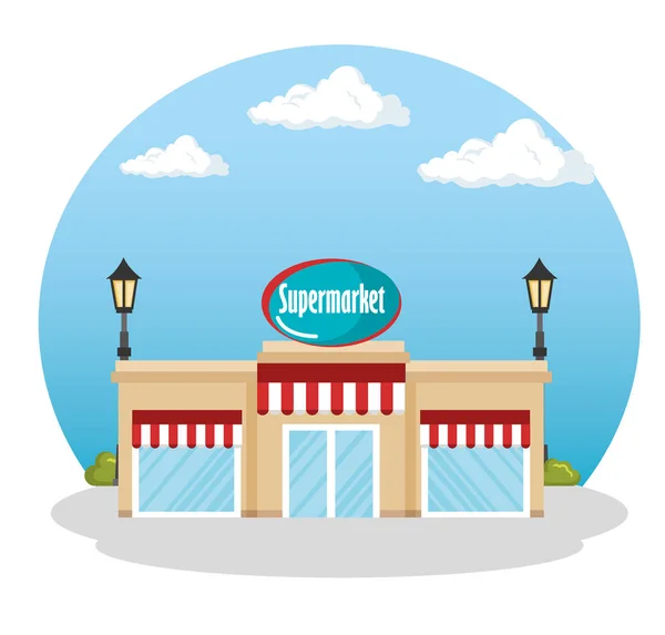 Supermarkt gebouw scène pictogram — Stockvector