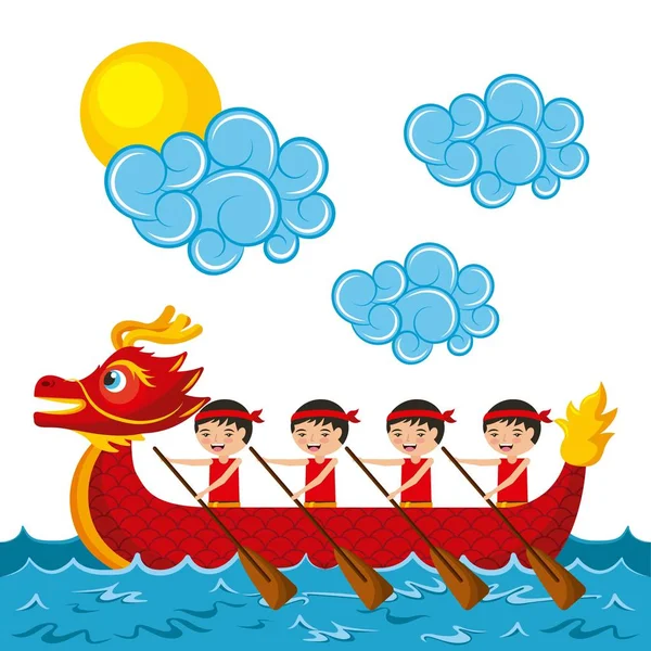 Peuple chinois pagayant bateau dragon rouge — Image vectorielle