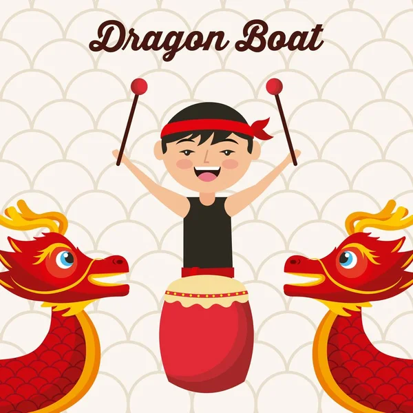 Dragon boat fesztivál kínai ember dob zene hagyományos — Stock Vector