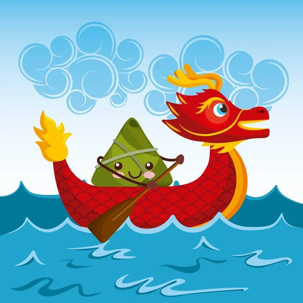 Chino arroz albóndigas de dibujos animados carácter y dragón barco festival — Vector de stock