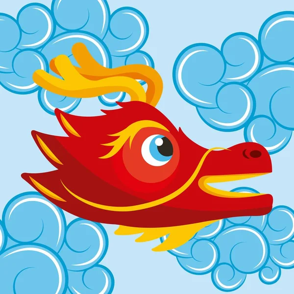 Tête de dragon chinois rouge mignon nuages bleus style dessin animé — Image vectorielle