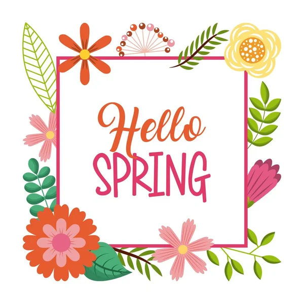 Olá primavera cartão lettering texto moldura flores decoração — Vetor de Stock