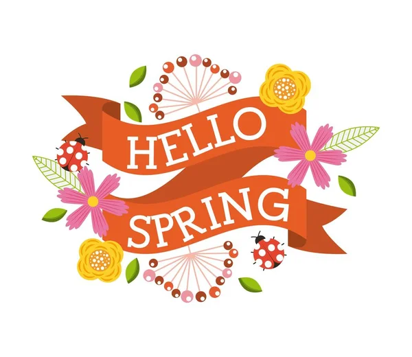 Olá primavera floral joaninha flor decoração banner —  Vetores de Stock