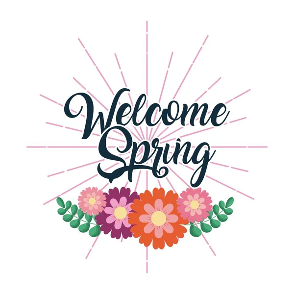 Willkommen Frühling Handschrift Karte Blumen Feier — Stockvektor